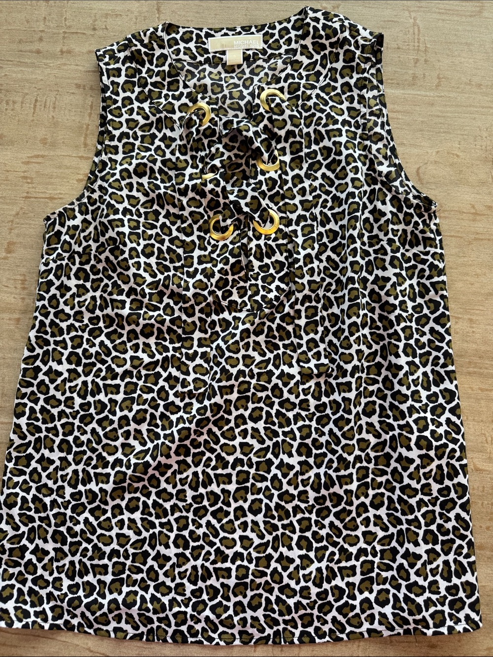 Michael Kors Leopard Print Lace-Up Sleeveless Camisole in Olive, Black & White